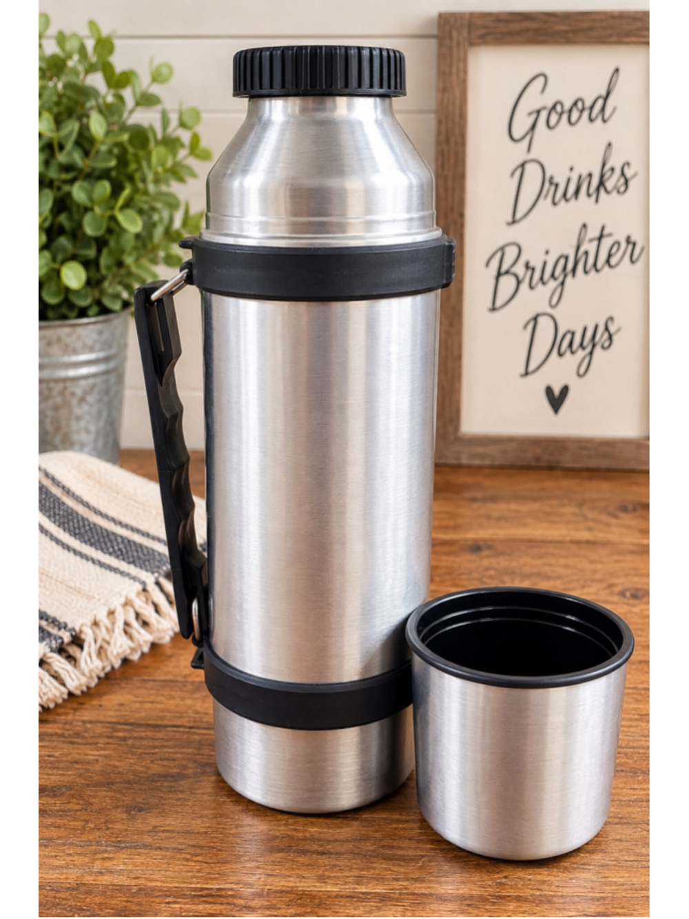 Vintage Pacific Cornetta Vacuum Thermos Insulated Bottle Cup Handle Made in Chin